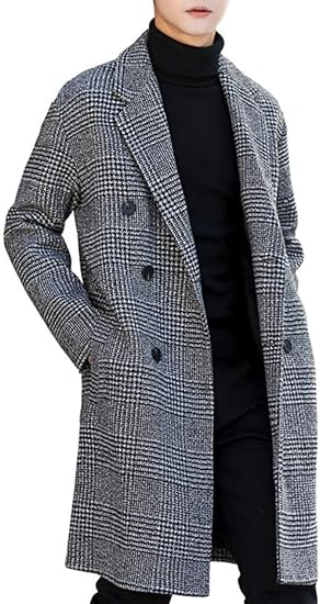Amazon ニカ メンズ チェックコート チェスターコート 秋 冬 ゆったり ハンサム 紳士風 メンズ ロング丈 ラシャコート 冬 チェック柄千鳥 ダブルボタン 流行れ 韓国ファッション コート ジャケット 通販