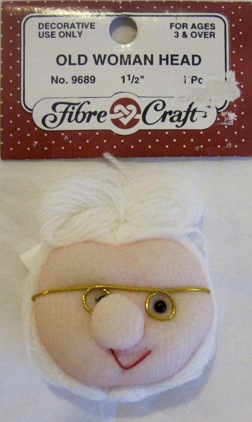 Fibre Craft PACK of 1 Pc. OLD WOMAN DOLL HEAD 1-1/2" w FABRIC Face, YARN Hair & METAL Eye Glass Frame