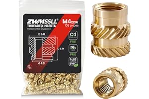 Zwmssll M4 Threaded Inserts Heat Set Insert,108 Pieces M4x6x6mm Metric Knurled Nuts,Brass Threaded Inserts for Plastic and 3D Printing Components