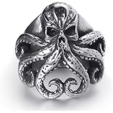 ELFASIO Stainless Steel Octopus Ring for Men Tentacles Retro Gothic Punk Style Jewelry Silver Black Vintage Rings,Size 8-13