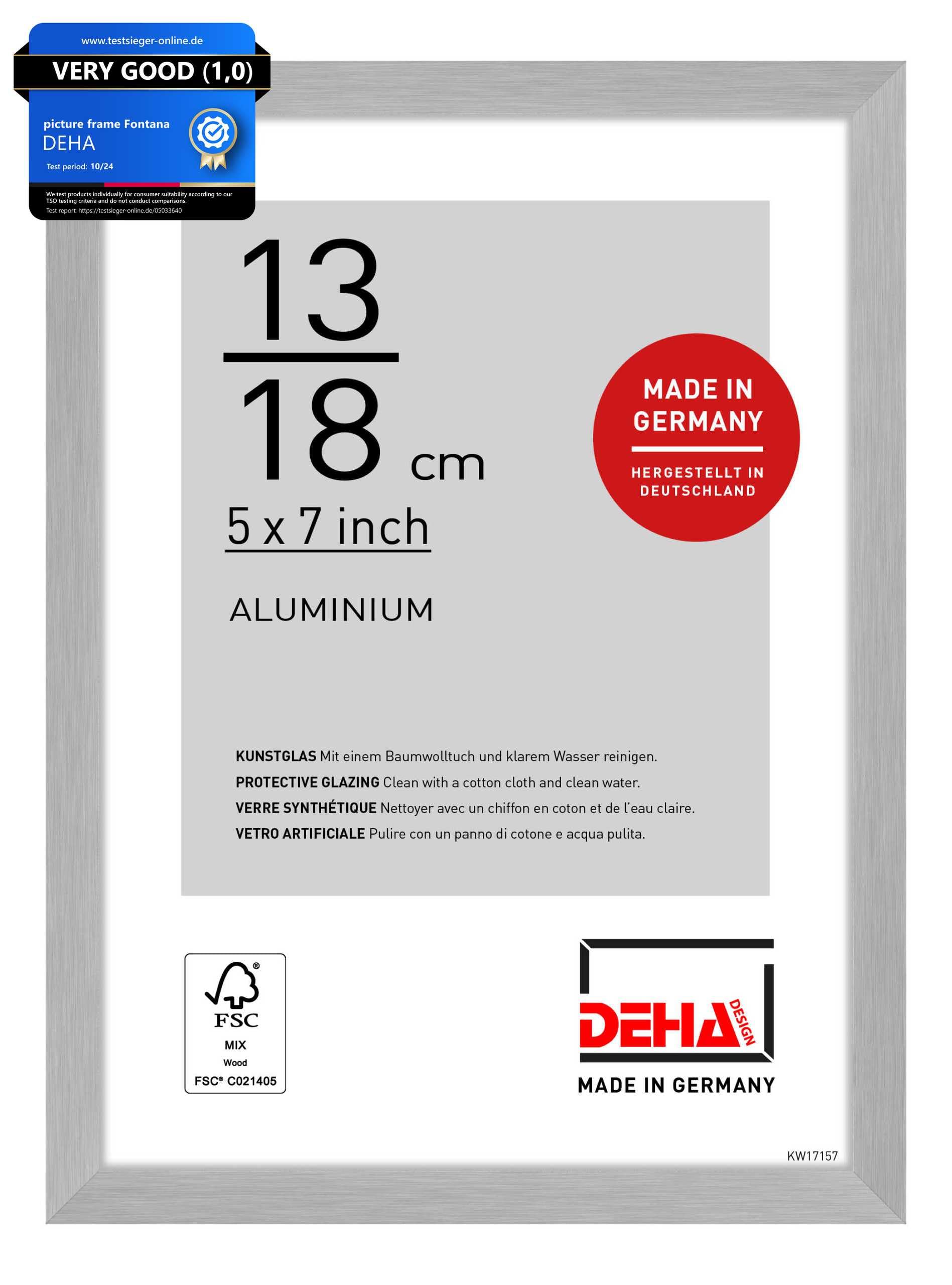 DEHA Design Tribeca Aluminium Picture Frame - 13x18 cm (5x7 in) – Brushed Silver - with Synthetic Glass and Push/Turn Clips