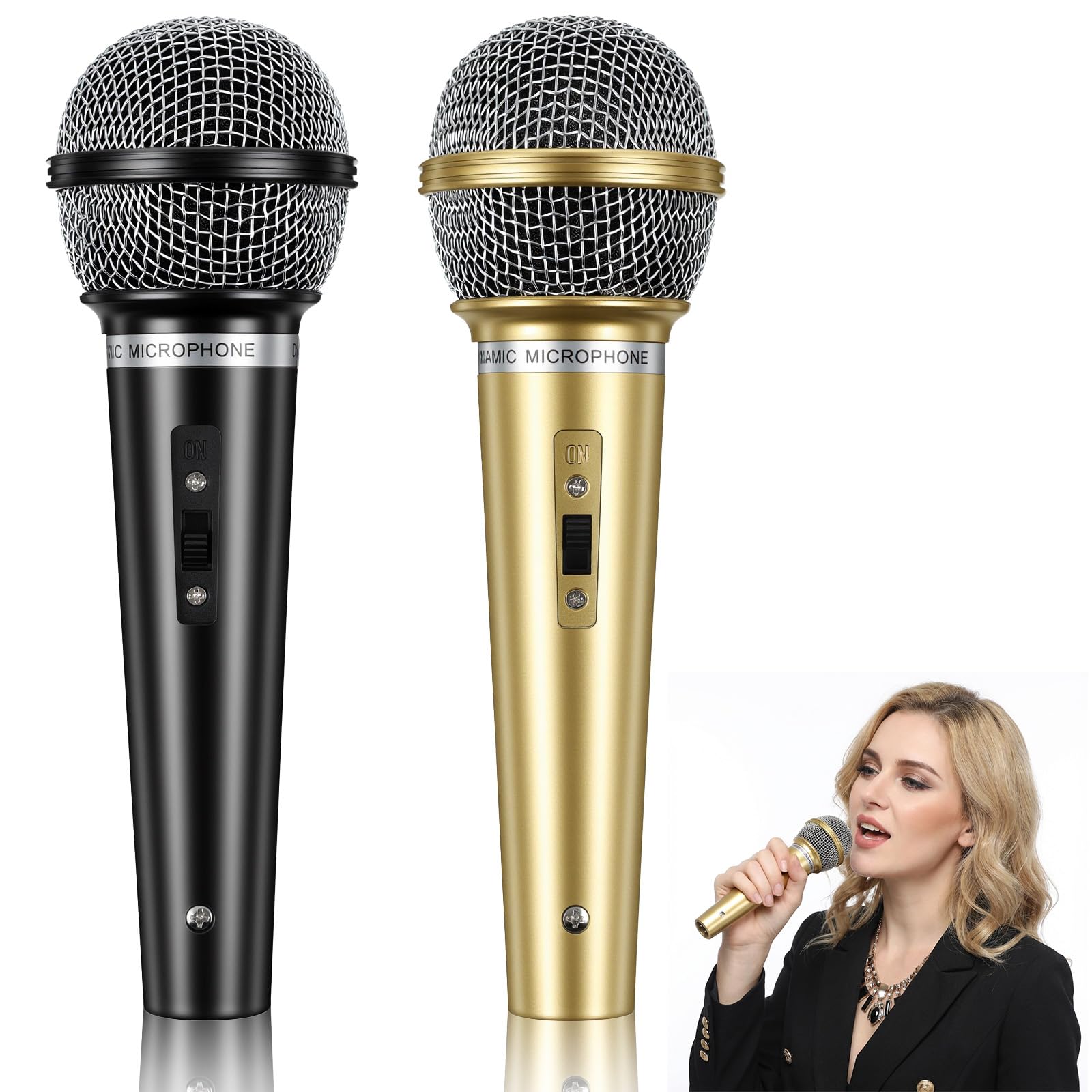 2 Pcs Fake Microphone Prop, Plastic Toy Microphones, Prop Pretend Microphone for Birthday Music Parties, Costume Play, and Events (Black/Gold, 17cm)