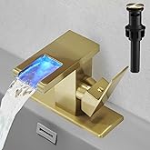 Hoimpro LED Waterfall Bathroom Faucet Brushed Gold, Single Handle Bathroom Sink Faucet 1 Hole, 3 Colors Light Changing, with Pop-up Drain and cUPC Supply Lines, Stainless Steel