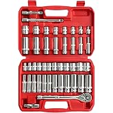 EACELIY 44pcs 3/8" Drive Impact Socket Set,Drive Master Socket Set,SAE/Metric, Deep &amp; Shallow with 3/8" Drive Head Ratchet,Universal Joint,Extension bar (3&rdquo; &amp; 6&rdquo;),6 Point,CR-V Steel，Mirror Chrome