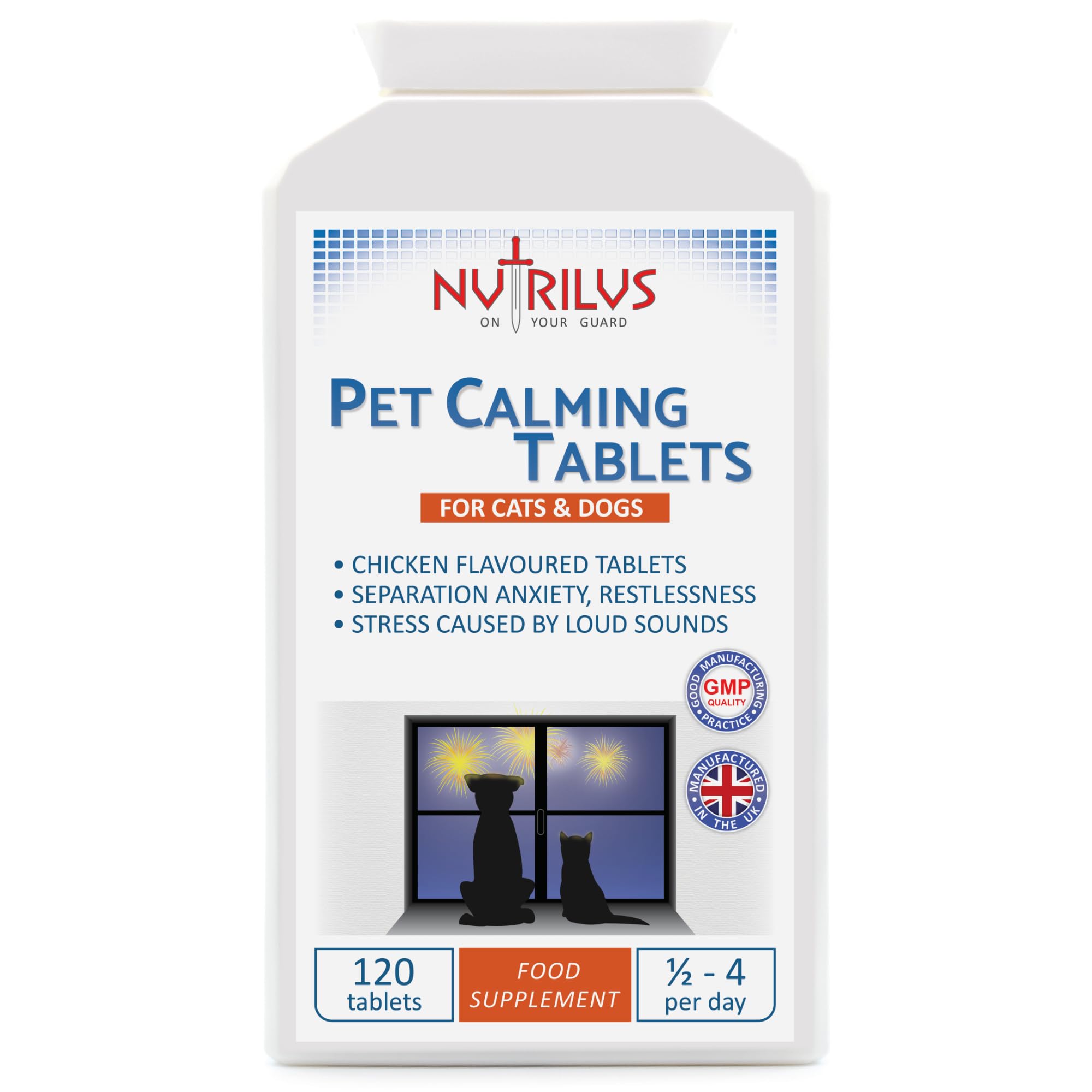 Nutrilus Calming Tablets for Dogs And Cats - 120 Tablets Chicken Flavour for Pets - Separation - Restlessness - Loud Sounds - Stress - Anxiety - Travel