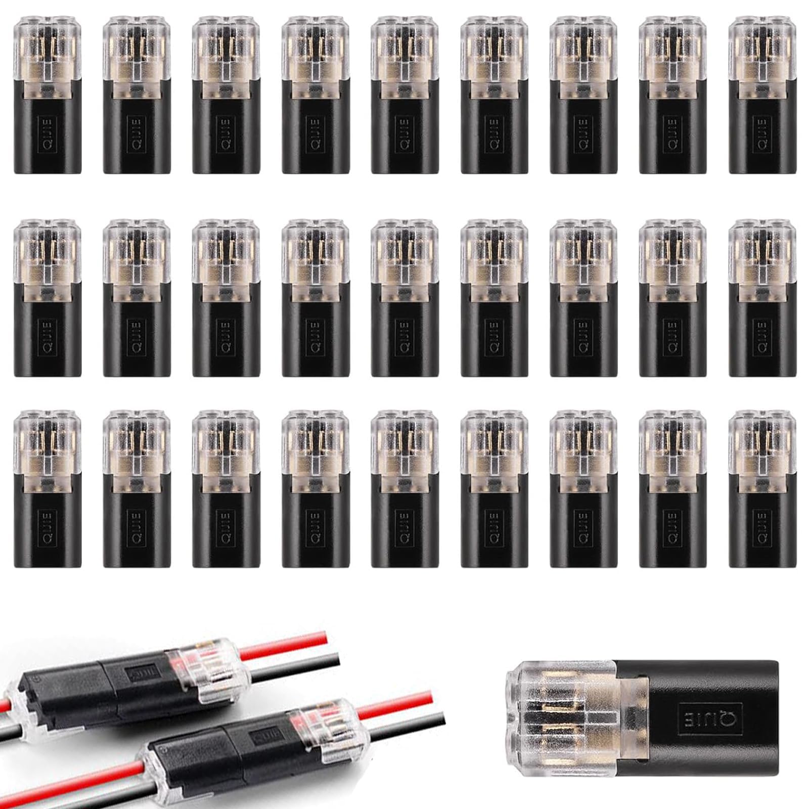 Vexquivera 30pcs Double Wire Push In Connector With Locking Buckle, 2 Pin, Black, Nylon, For Strip Lights