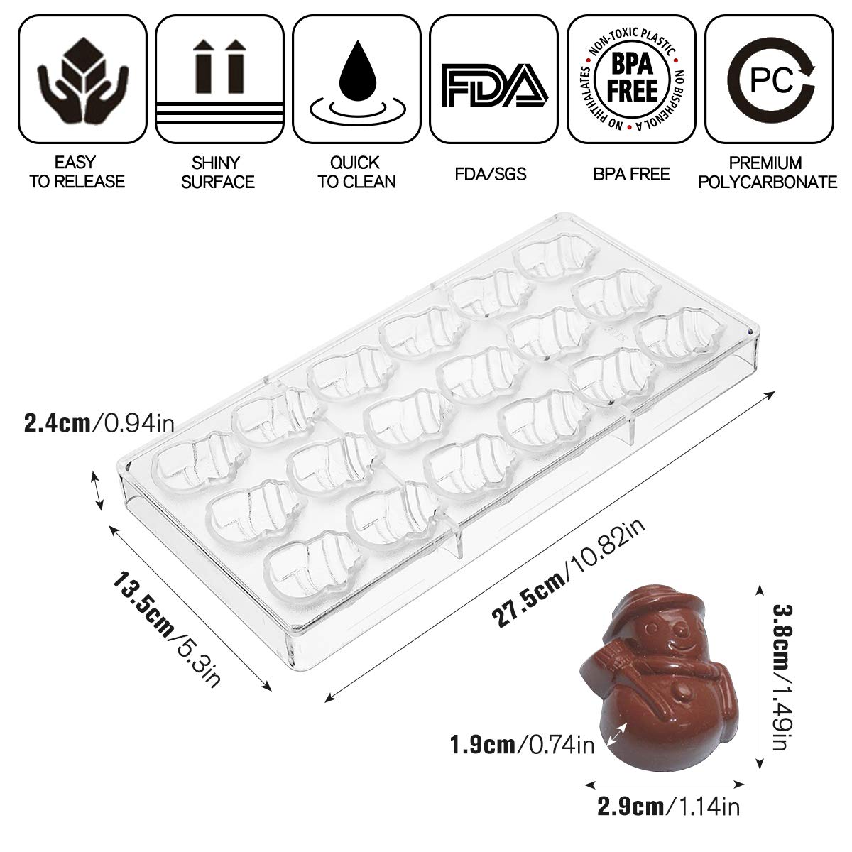 Jeteven Christmas snowman Clear Polycarbonate Chocolate Mold Jelly Candy Making Mold 18-Piece Tray