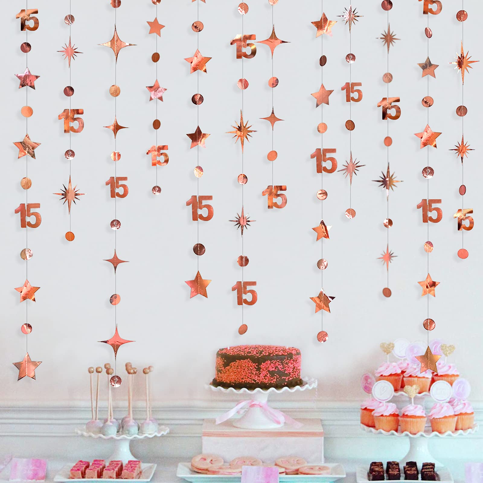 Rose Gold 15th Birthday Garlands Decorations Number 15 Circle Dot Twinkle Star Garland Metallic Hanging Streamer Bunting Banner Backdrop for Girls Fifteen Year Old Birthday Anniversary Party Supplies