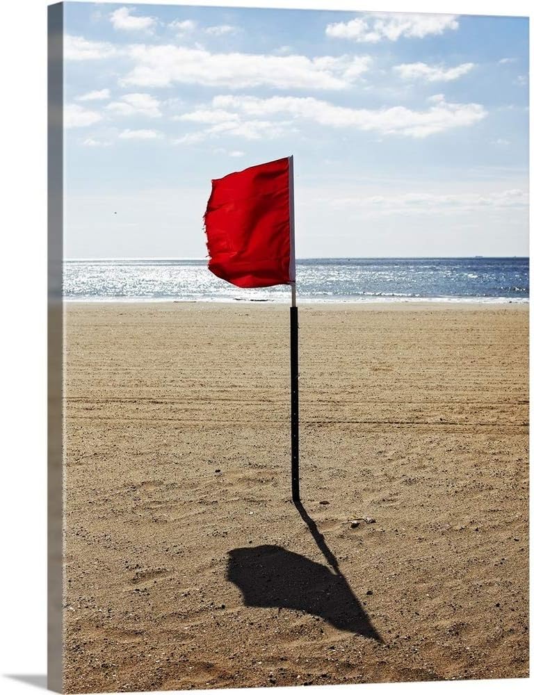 GREATBIGCANVAS Red Warning Flag Blowing in Heavy Wind on Empty Beach indicating no Swimming Canvas Wall Art Pr.