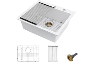 25 Granite Composite Kitchen Sink - Fulorni 25"×22" Granite Kitchen Sink Drop In Topmount White Quartz Classic Above Counter Single Bowl Sink Basin