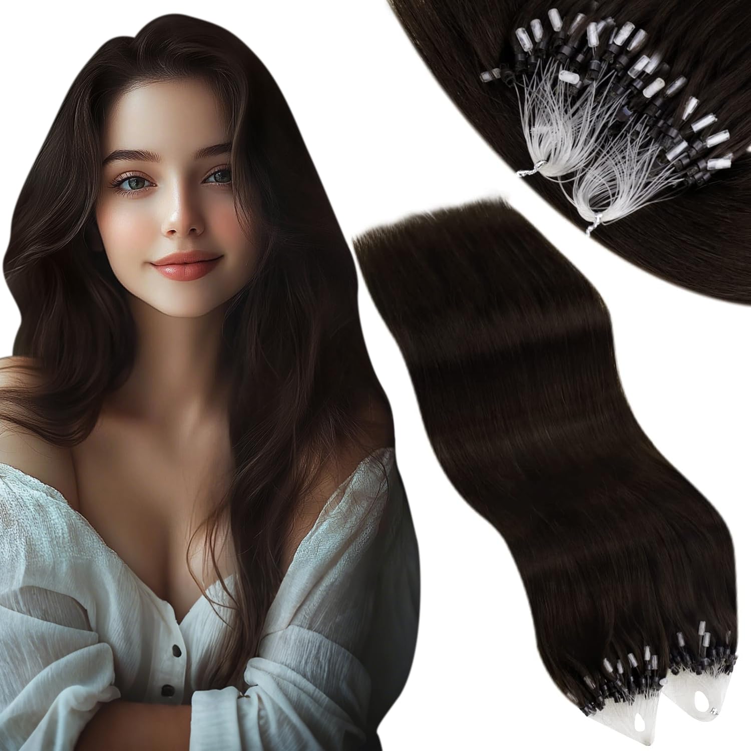 Vivien Micro Loop Human Hair Extensions Darkest Brown Micro Ring Human Hair Extensions Brown Cold Fusion Micro Links Hair Extensions Remy Human Hair 50g 50s #2 20inch โ image 1
