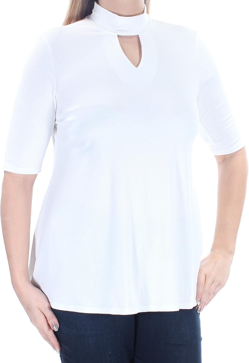 NY Collection Women's Plus Size Solid Elbow Sleeve Mock Neck Swing Top