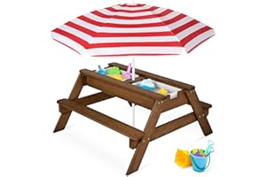 Best Choice Products Kids 3-in-1 Sand & Water Table, Wood Outdoor Convertible Picnic Table w/Umbrella, 2 Trays, Removable Top