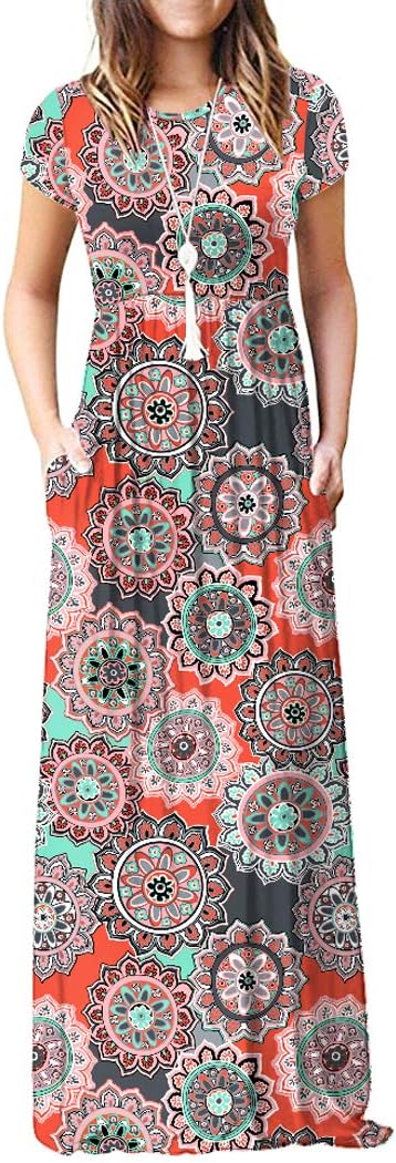 Women's Short Sleeve Empire Waist Maxi Dresses Long Dresses with Pockets