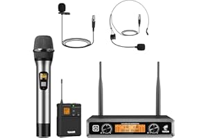 TONOR Wireless Microphones System with Metal UHF Headset/Lapel/Lavalier/HandheldMics, Cordless Bodypack Transmitter, Receiver