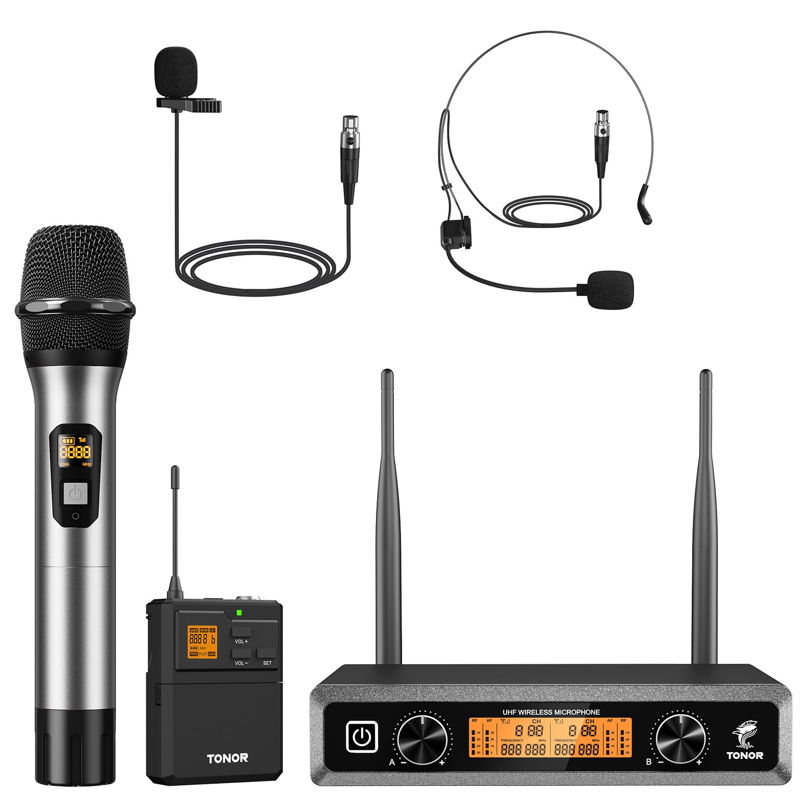 TONOR UHF Wireless Microphones System with Metal Cordless Handheld/Headset/Lavalier Lapel Mics, Bodypack Transmitter, Receiver, 2 * 5 Channels 60M Range for Singing Karaoke Church Party DJ PA Speaker