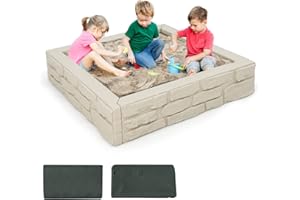 Costzon Kids Sandbox with Cover, 47"x 47" HDPE Sand Box w/Oxford Cover, Bottom Liner, Reinforced Structure, Weather Resistant