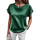HOTOUCH Women's Short Sleeve Pullover Blouses Satin Silk Shirts Casual Loose Work Tunic Tops