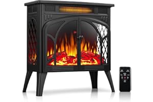 Rintuf Electric Fireplace Heater, 1500W Infrared Fireplace Stove w/ 3D Realistic Flame, 5100BTU Freestanding Electric Stove Heater with Remote Control, 8H Timing, Ideal for Indoor Home Use
