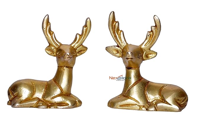 Nexplora Industries Handmade 5 x 3 x 7 cm Ethnic Brass Sculpture Animal Decor Golden Deer Set Showpiece