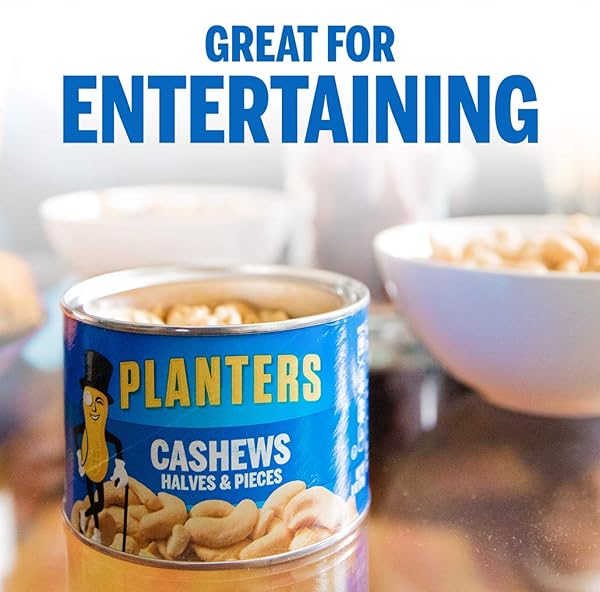 PLANTERS CASHEW HALVES & PIECES, 8 OZ CANISTER – CASHEWS ROASTED IN PEANUT OIL – SEASONED WITH SEA SALT – SNACKS FOR ADULTS – RESEALABLE LID FOR LONG-LASTING FRESHNESS – KOSHER