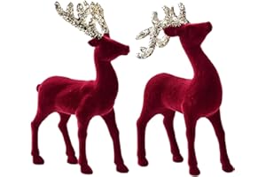 2Pcs Christmas Reindeer Figurines, Velvet Christmas Reindeer Desktop Decor, Red Deer Statues for Home Living Room Office Deco