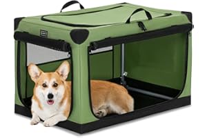 PETSFIT Soft Dog Crate, with Patented Adjustable Fabric Cover, Chewproof & Lockable Mesh Doors, Waterproof Base Collapsible Kennel Green 30 Inch