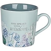 Christian Art Gifts Blue Floral Ceramic Coffee Mug – 14 oz. Lead & Cadmium-free, Non-toxic Inspirational Scripture Coffee and Tea Mug for Women with Bible Verse: She Speaks with Wisdom –Proverbs 31:26