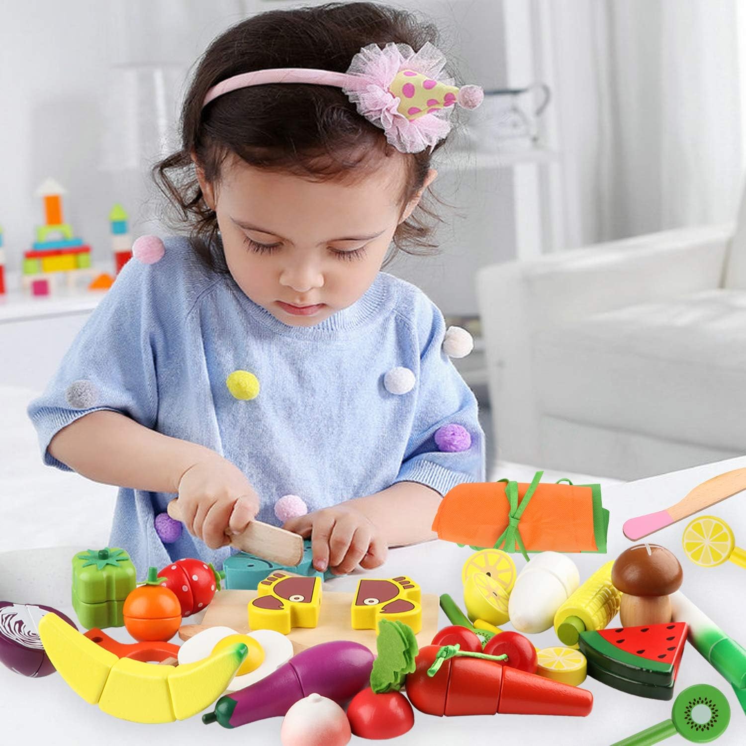 Jacootoys Pretend Play Food Set, Kids Magnetic Cutting Toys, Children's Fruits Vegetable Kitchen Simulation Playset 27 PCS - Image 3