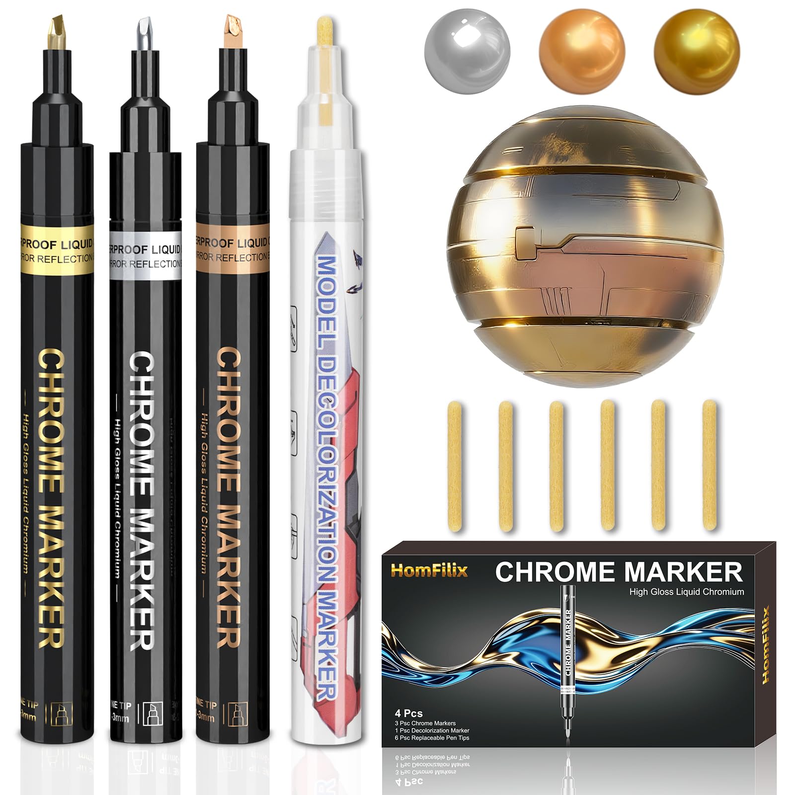 Photo 1 of 10-in-1 Liquid Chrome Marker - Chrome Paint Pen with Mirror Effects for Painting, DIY Projects & Touch-up Paint, Includes 3 Chrome Pens (Gold, Silver, Copper, 1-3mm Tips), 1 Correction Pen, 6 Tips