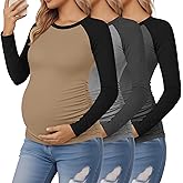 Sweetyweee 3 Pack Women's Maternity Shirts, Pregnancy Raglan Long Sleeve Tops Sides Ruched Crew Neck Color Block Mama Clothes