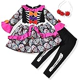 HINTINA 3PCS Baby Girls Halloween Outfits Skull Tops Ghost Leggings Pants with Csarf Hat Clothes set
