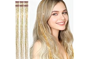 CelineBella Gold Tinsel Hair Extensions,Clip in Hair Tinsel Kit,24 Inch,80 Strands per Piece,Heat Resistant,for Girls Kids New Year Christmas Gift Party Cosplay