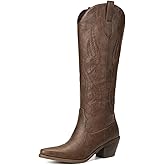 Pasuot Western Cowboy Boots for Women - Knee High Wide Calf Cowgirl Boots, Slip On Pointed Toe Chunky Heel Fashion Retro Classic Pull On Tall Boot for ladies Party concert