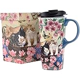 TZSSP Coffee Ceramic Mug Travel Mug Porcelain Latte Tea Cup With Lid 17oz,Novelty Coffee Mugs for Office & Home Flower and Cat