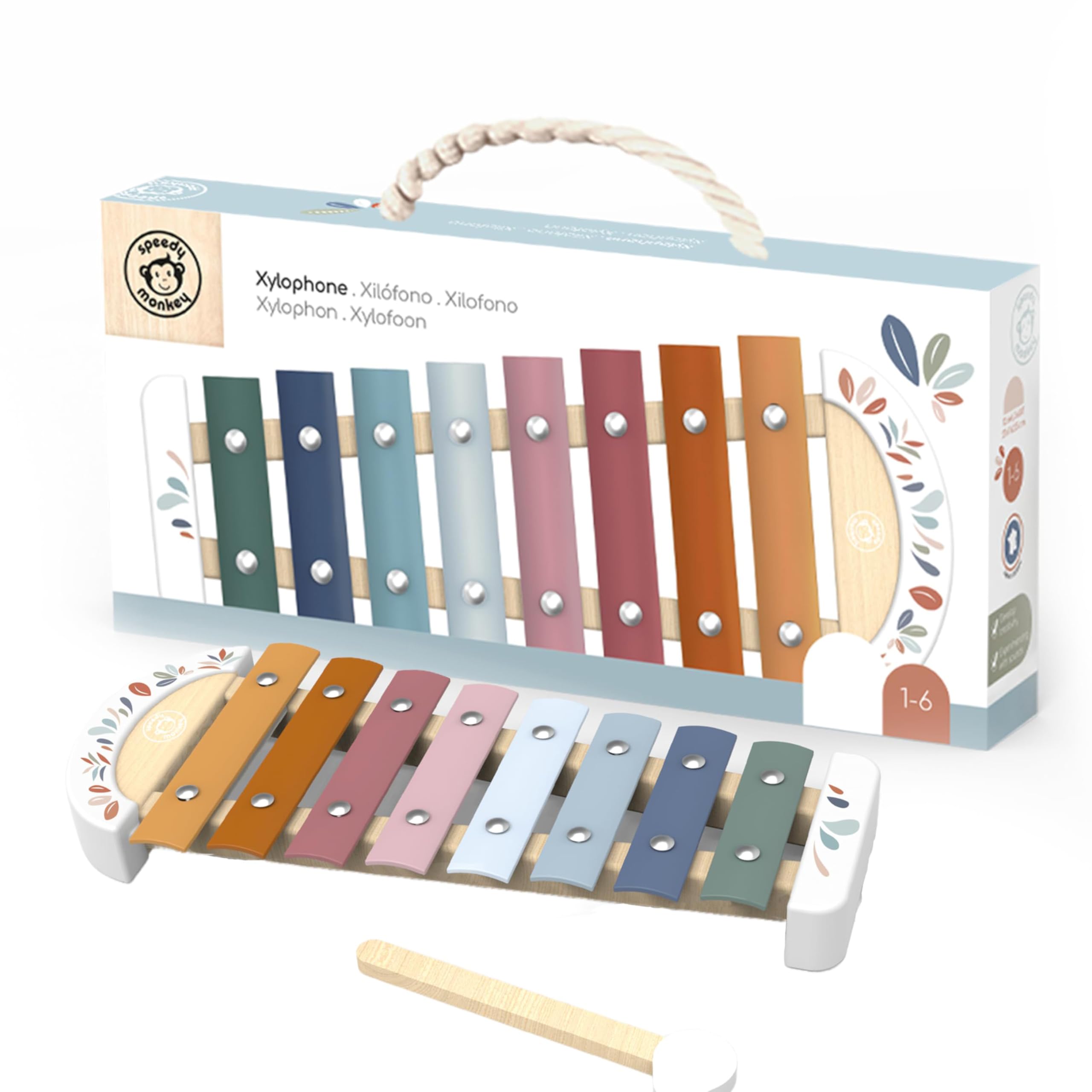 Speedy Monkey Wooden Xylophone with Metallic Keys - 8 Tuned Bars and Wooden Mallet | Safe with Non-Toxic Paint