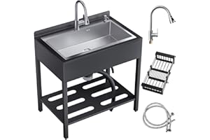 JINRRENYI 42IN Stainless Steel Freestanding Utility Sink with Cold and Hot Water Faucet, Commercial Kitchen outdoor Sink with Hoses and Drain Kit, Laundry sink For Bathrooms, Backyard, Bar