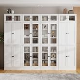 VOWNER 85.5" Tall Wooden Bookshelf, Storage Cabinet with Glass Doors, 7 Tier Bookcase for Living Room, White Pantries with Doors and Shelves, Modern Large Storage 4Sets for Home Office