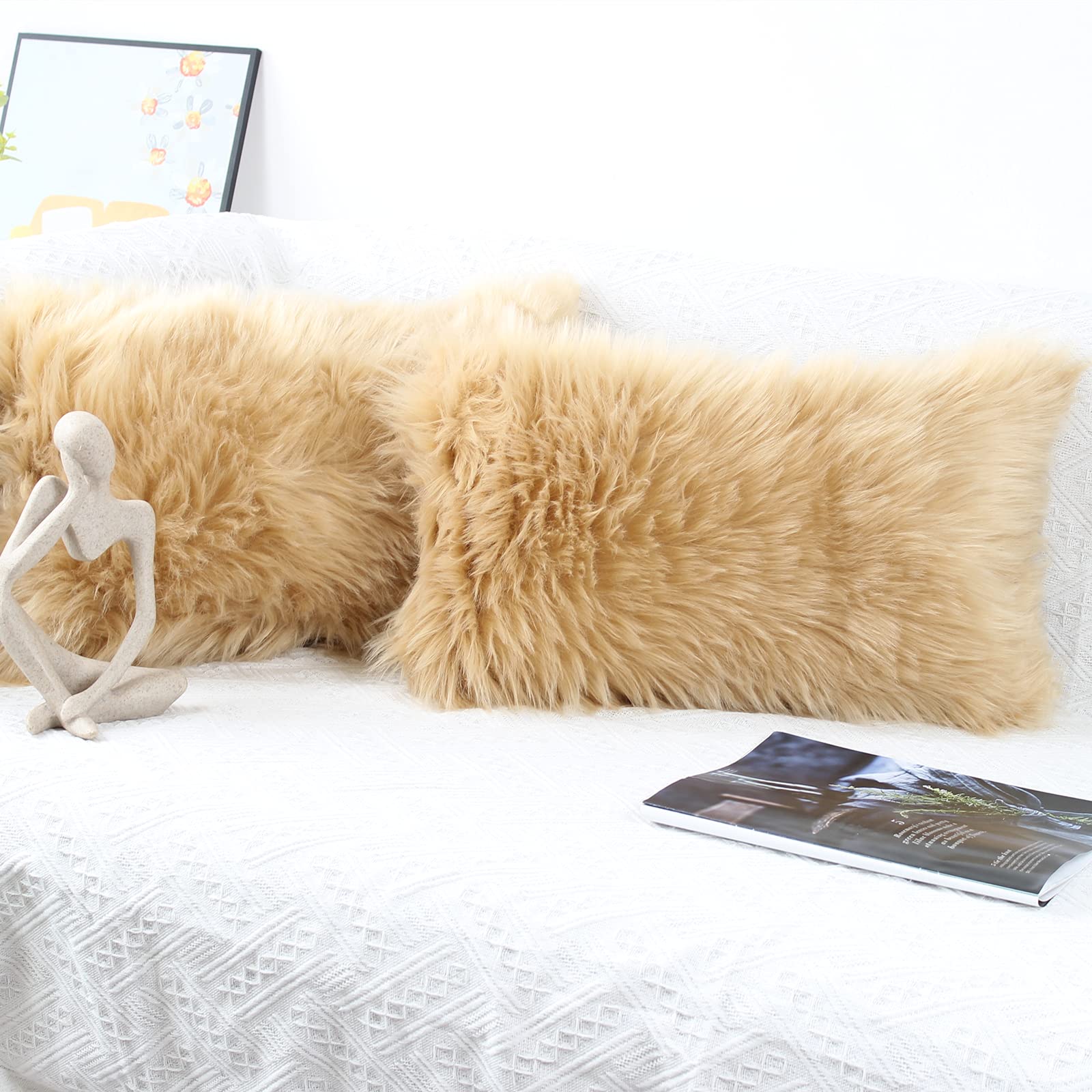 OYIMUA Beige 12 x 20 Inches Cushion Covers Pack of 2 Fluffy Soft Faux Fur Square Pillowcases, Luxury Home Decorative Super Soft Plush Pillow Covers Case 30x50cm for Sofa Bed Living Room