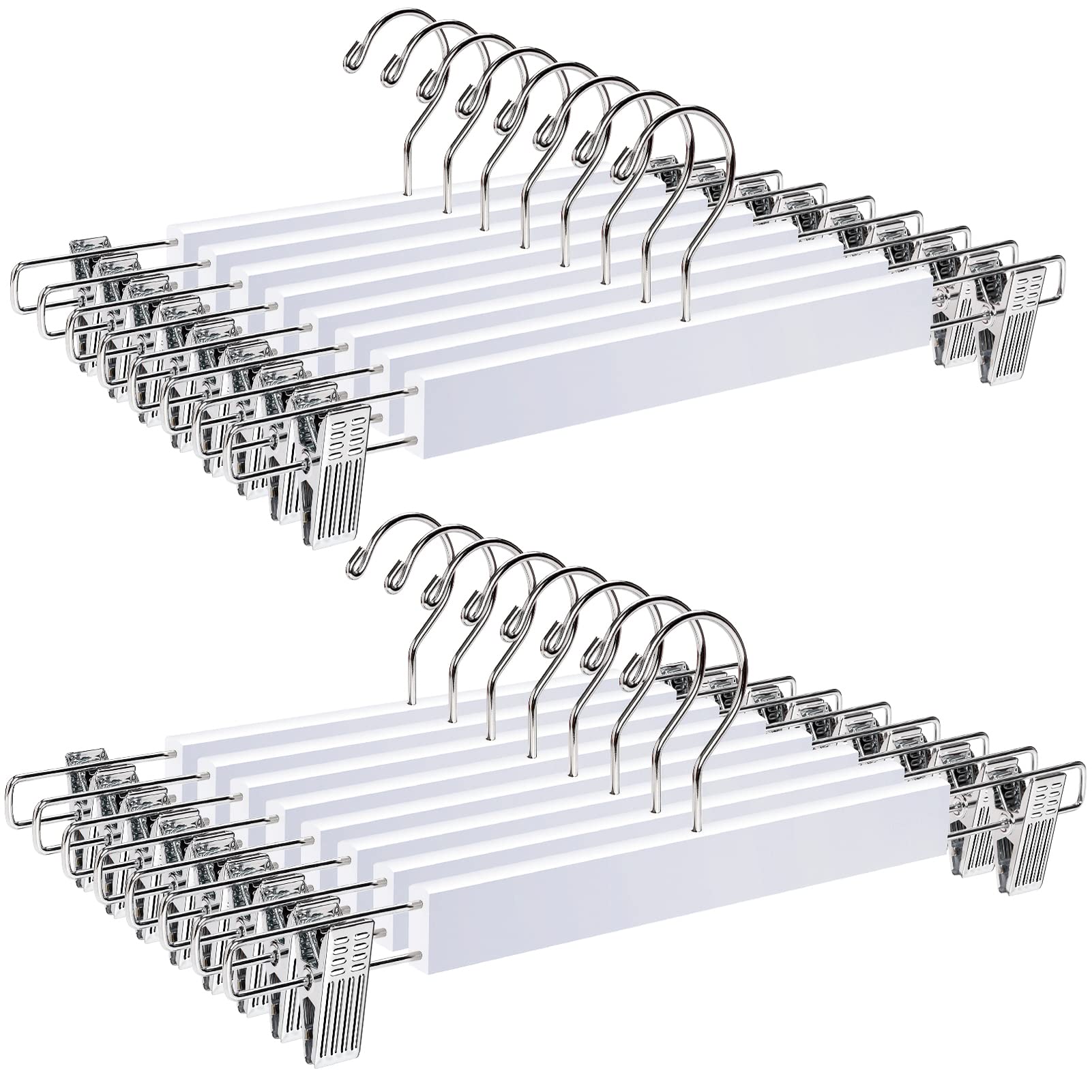 Amber Home 36cm White Wooden Pants Hangers 20pcs, Smooth Wood Skirt Hanger Organizer with Adjustable Anti-Slip Chrome Clips, Space Saving Solid Clothes Hangers Rack for Bottoms Jeans Slacks Trousers