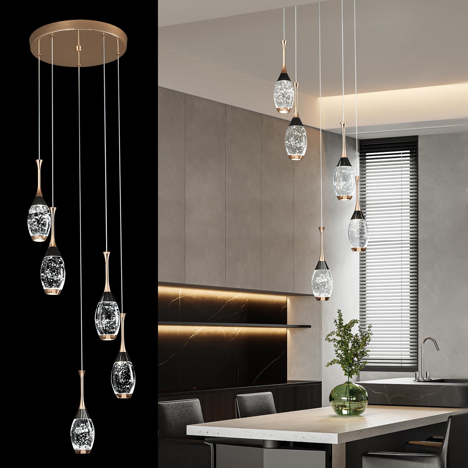 Photo 1 of BBLLWJ Modern Black Gold Pendant Light Dimmable LED Ceiling Light Fixtures Mini Teardrop Crystal Pendant Lighting for Kitchen Island Bedroom Hallway Entryway (5 Light)