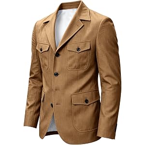 Men's Linen Safari Jacket Blazer Casual Multi Pocket Sport Coat for Travel