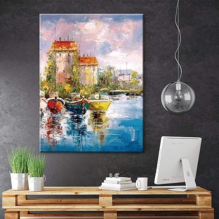 Peinture A L Huile Sur Toile Peinte A La Main Belle Ville Cotiere