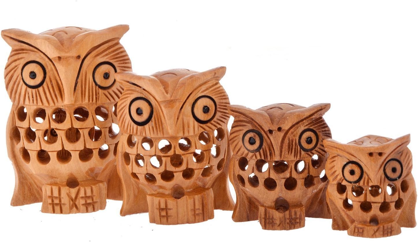 4 PIECE WOODEN OWL FAMILY SET Wooden Sculpture Showpiece