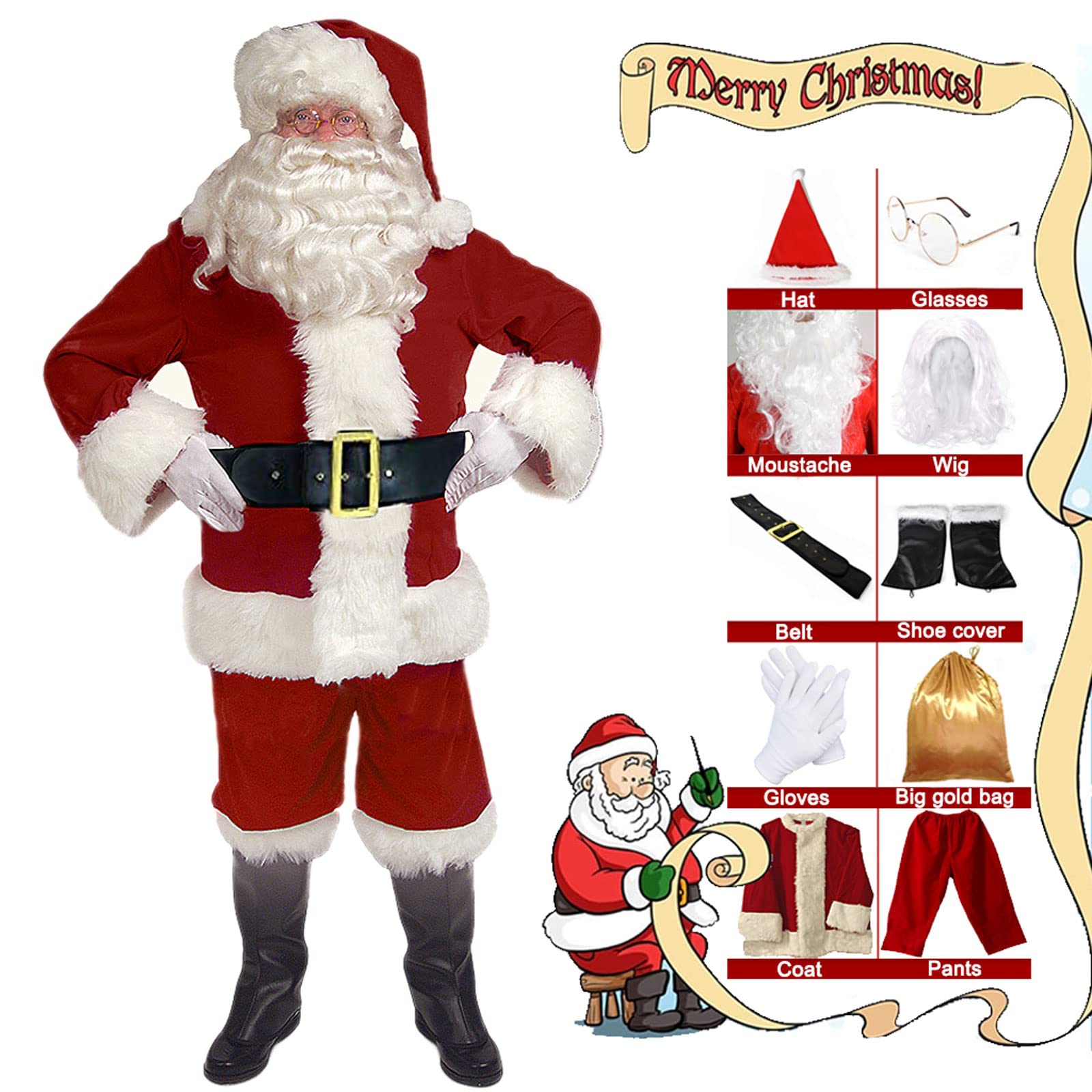 GOLDGE Santa Suit, 10 PCS Men's Christmas Adult Santa Claus Costum, Cosplay Suit Fancy Dress Outfit, Size XL