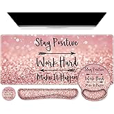 iCasso Mouse Pad,Large Pink Desk Mat Set, 4in1 XXL Mousepad + Keyboard Wrist Rest+Mouse Wrist Rest+Coaster with Ergonomic Desk Pad for Home Office Table Computer Cover -Pink Stay Positive