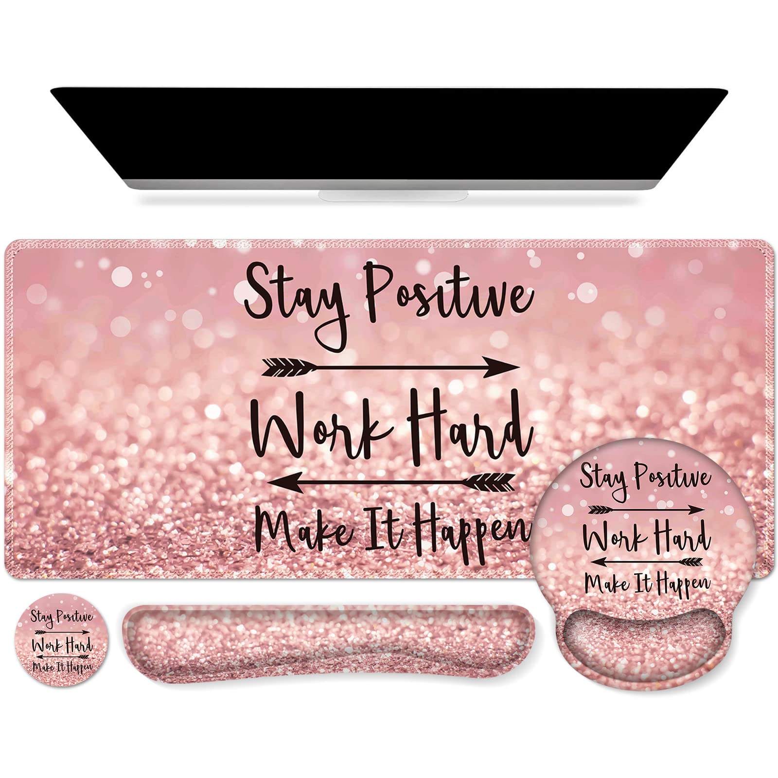 Photo 1 of *ONLY DESK MATT* iCasso Mouse Pad,Large Pink Desk Mat, 4in1 XXL Mousepad + Keyboard Wrist Rest+Mouse Wrist Rest+Coaster Set with Ergonomic Desk Pad for Home Office Table Computer-Pink Stay Positive
