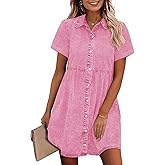 GRAPENT Denim Dress for Women Babydoll Tiered Short Sleeve Button Down Jean Shirt Dresses