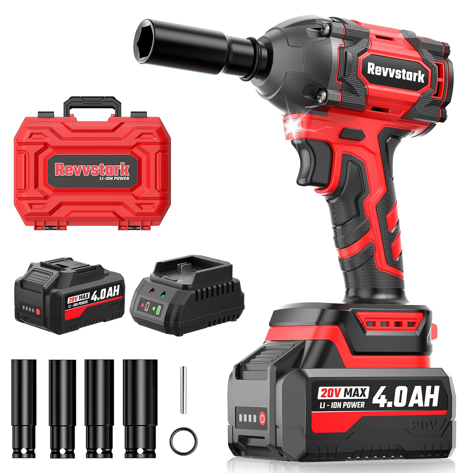 Photo 1 of Revvstark Impact Wrench, Max Torque 400 N.m Cordless 1/2 Impact Driver, 20V 3000RPM Brushless Motor, 4.0Ah Li-ion Battery and Fast Charger, 4 Pcs Sockets Included
