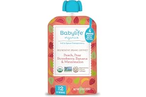 Babylife Organics Stage 2 – Heavy Metal Safe, Organic Baby Food - Peach, Pear, Strawberry, Banana & Watermelon, 3.5 Ounce Pouch (6 Pack)